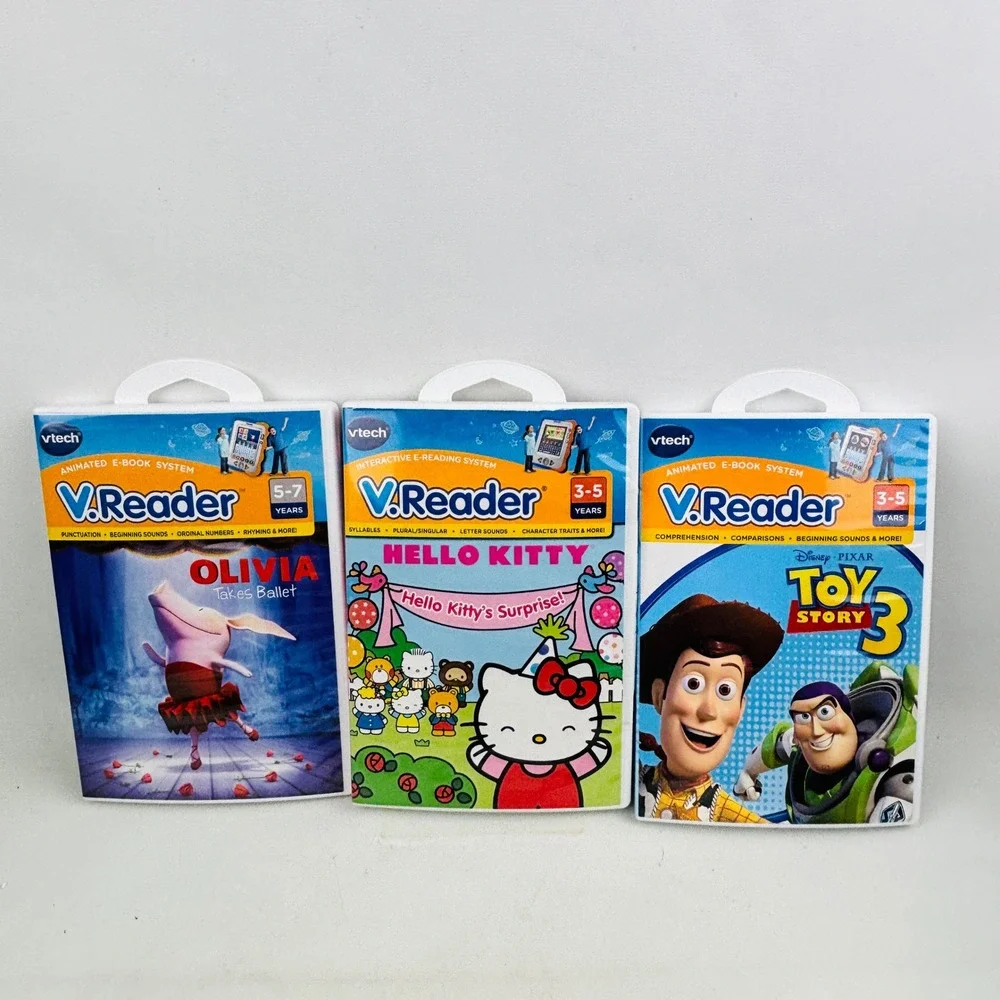 VTech V.Reader Pink Case 8 Game Lot Hello Kitty Toy Story Disney Princess Olivia